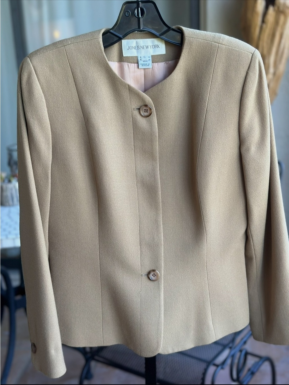 Jones New York Tan Collarless Single-Breasted Blazer
